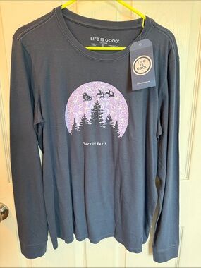 Life Is Good Navy Long Sleeve Tee with Lavender Moon Forest Graphic